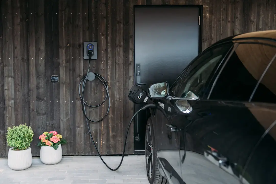 Black electric car charging at a wall-mounted charger on a wooden wall with two potted plants nearby.