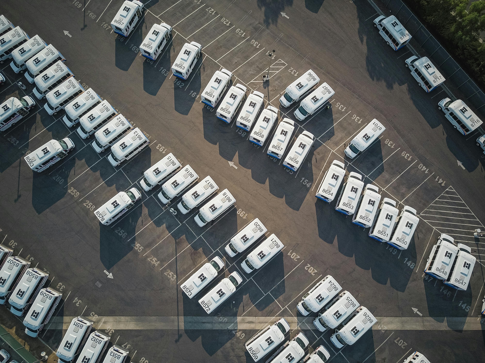 Aerial view of multiple white vans parked in an organized lot with marked parking spaces and shadows.
