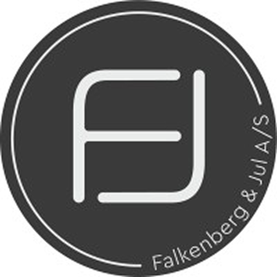Circular logo with white stylized letters 'FJ' and the text 'Falkenberg & Jul A/S' curved along the edge on a dark background.