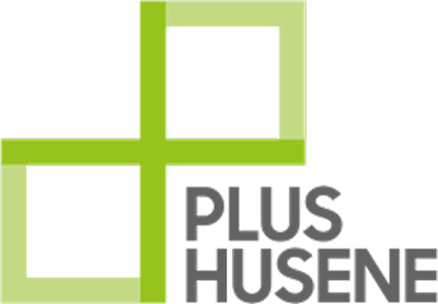 Green geometric plus sign with the text 'PLUS HUSENE' in gray beside it.