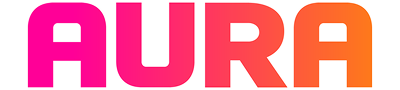 The word AURA in bold uppercase letters with a gradient color transitioning from pink to orange.