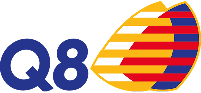 Q8 logo with a stylized shield containing horizontal stripes in red, white, and blue.