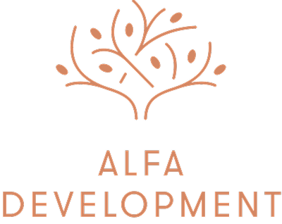 Minimalist stylized tree branch with seeds icon above the text ALFA DEVELOPMENT in copper color on black background.