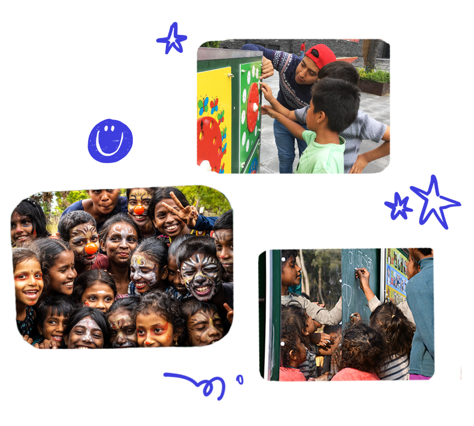 Collage de niños con la cara pintada sonriendo, una maestra mostrando tarjetas educativas a niños al aire libre, y una mujer guiando a un niño que juega a un juego interactivo al aire libre.