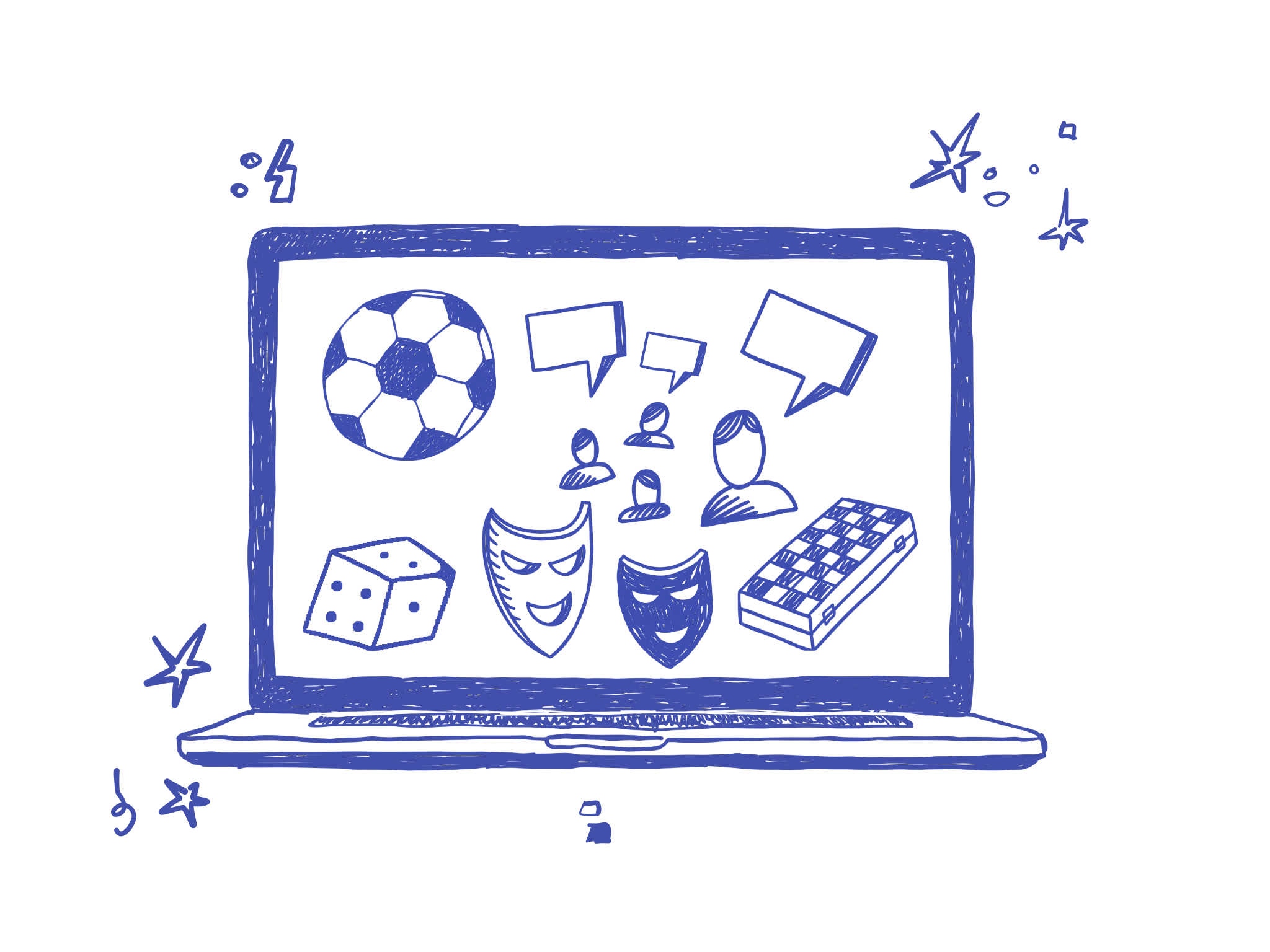 Illustration of a globe held by two hands with icons of educational game activities around it.