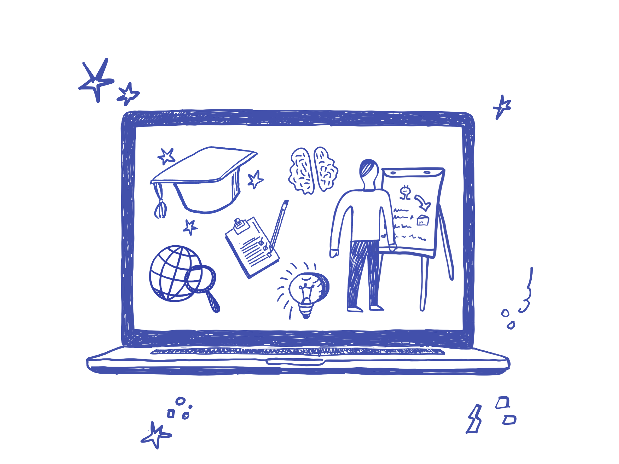 Illustration of a person sitting at a desk using a laptop with a light bulb symbolizing an idea above their head and floating documents around.