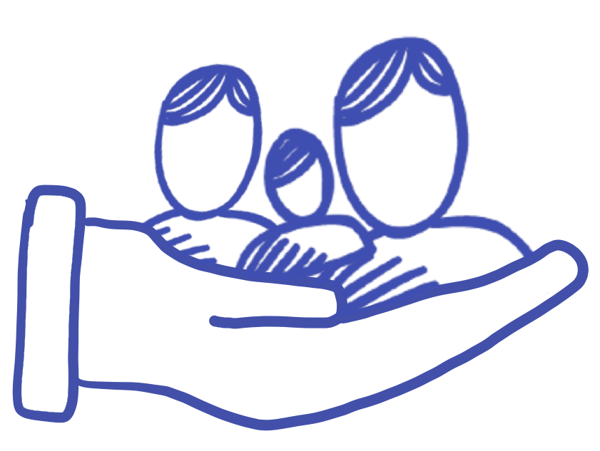 Purple icon of a hand holding a heart, symbolizing care or support.