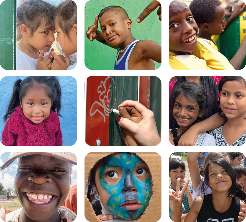 Collage of children with face paint smiling, a teacher showing educational cards to children outdoors, and a woman guiding a boy playing an interactive outdoor game.