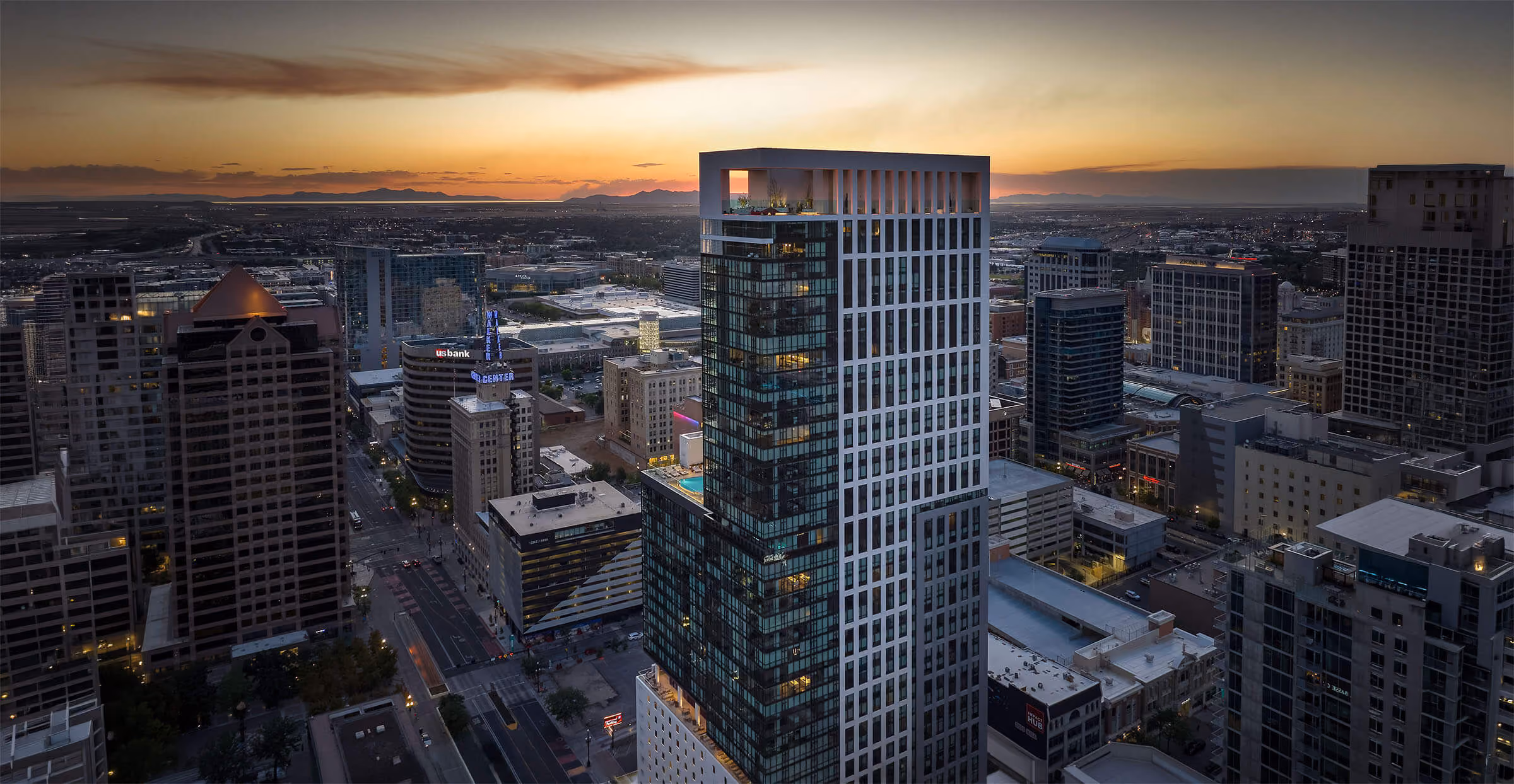Astra Tower rising above the Salt Lake City skyline