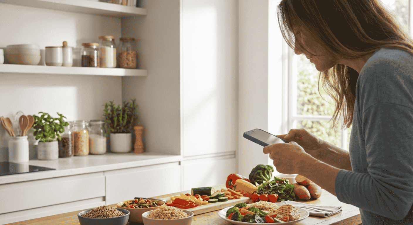 Woman using a nutrition tracking app in a modern kitchen to log her meal