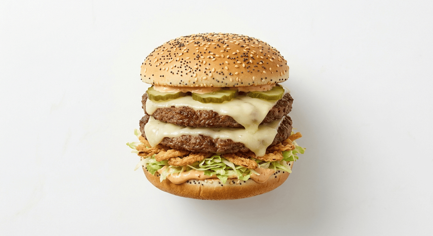 McDonald's Big Arch burger with two beef patties, white cheddar, crispy onions, lettuce and pickles in a poppy and sesame seed bun