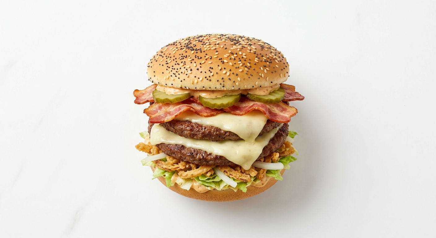 McDonald's Big Arch with Bacon burger with two beef patties, streaky bacon, white cheddar, crispy onions, lettuce and pickles in a poppy and sesame seed bun