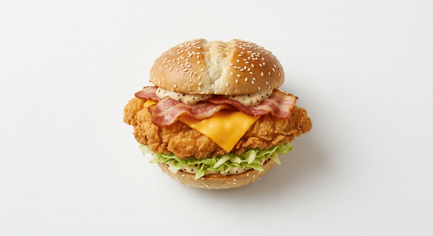 McDonald's Cheese and Bacon McCrispy chicken sandwich with a breaded chicken breast fillet, cheese slice, streaky bacon, lettuce and pepper mayonnaise on a sourdough bun