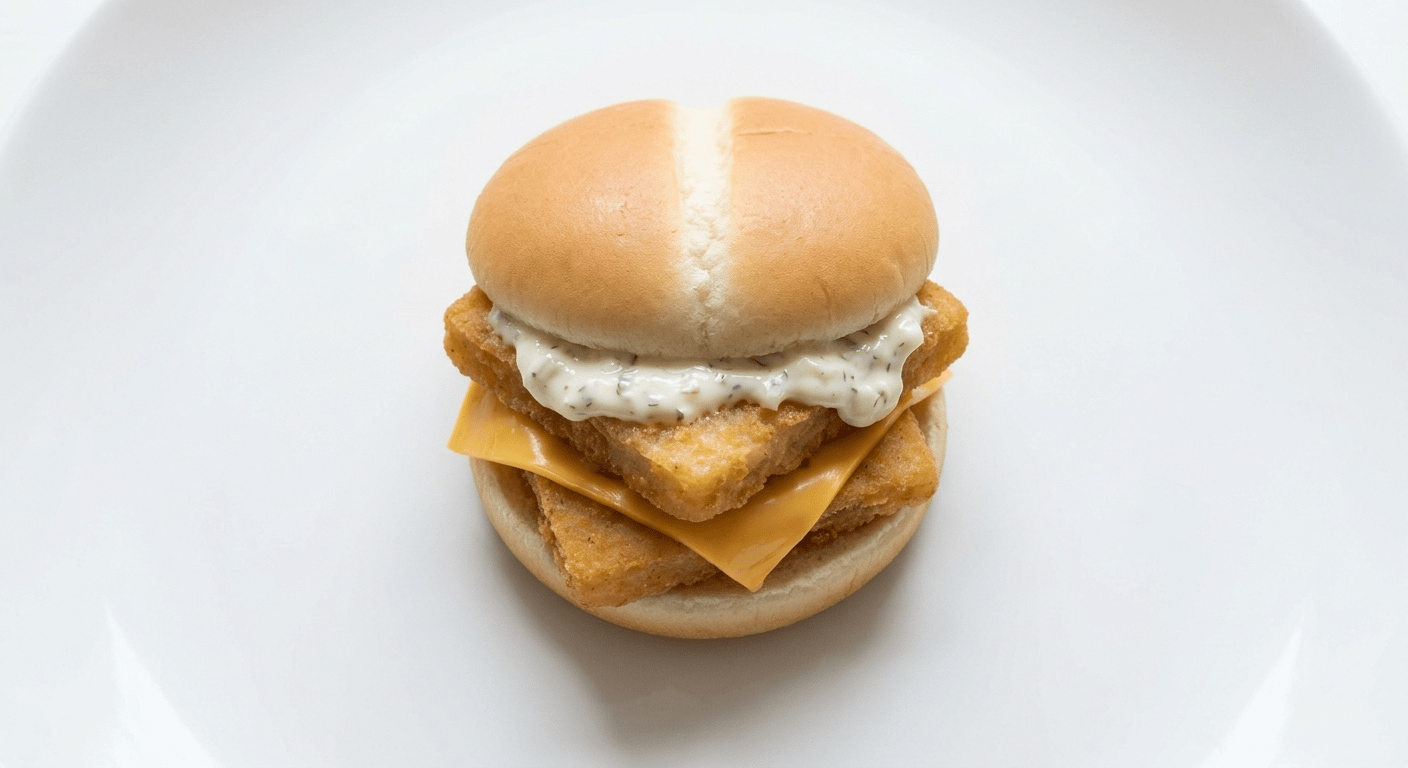 McDonald's Double Filet-O-Fish with two breaded white fish portions, two half slices of processed cheese and tartare sauce in a soft steamed bun