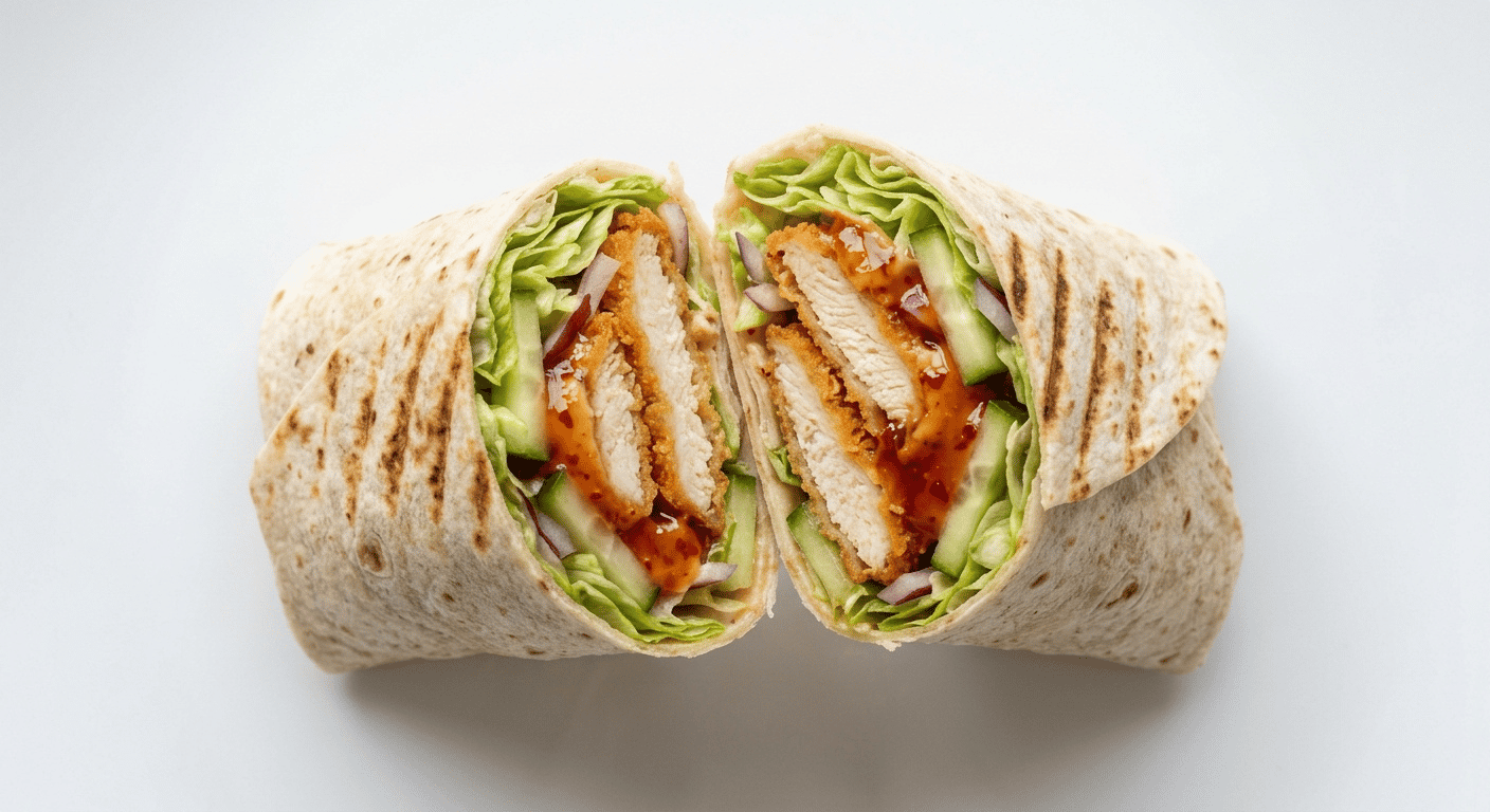 McDonald's Crispy Sweet Chilli Chicken Wrap cut in half showing breaded chicken strips, lettuce, cucumber and sweet chilli sauce in a soft flour tortilla