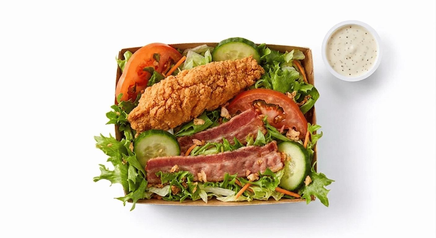 McDonald's Crispy Chicken and Bacon Salad in a clear bowl with shredded lettuce, tomato, cucumber and crispy fried onions topped with sliced breaded chicken breast and streaky bacon
