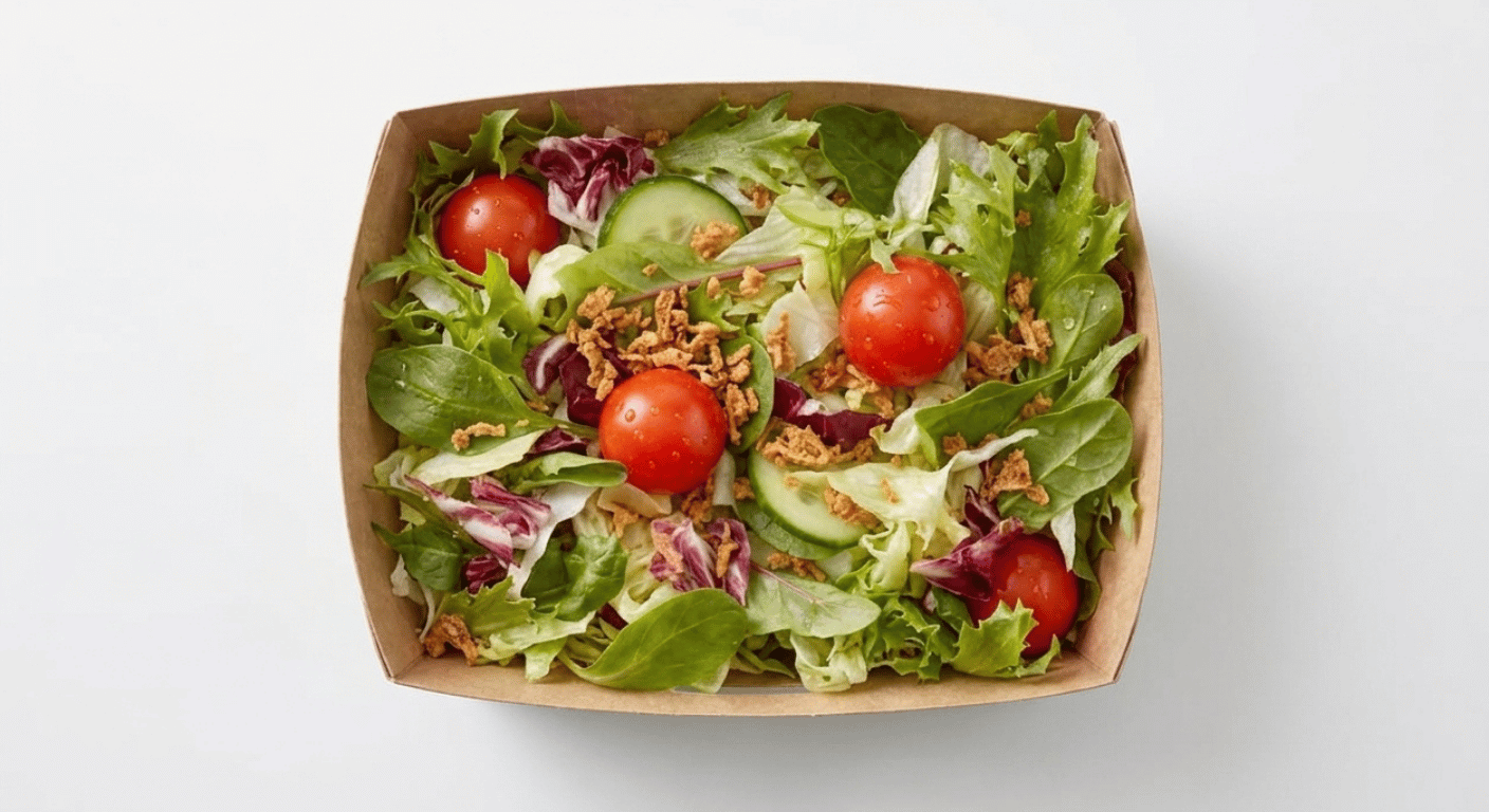 McDonald's Side Salad in a small clear bowl with shredded lettuce, cherry tomato, cucumber and crispy fried onions