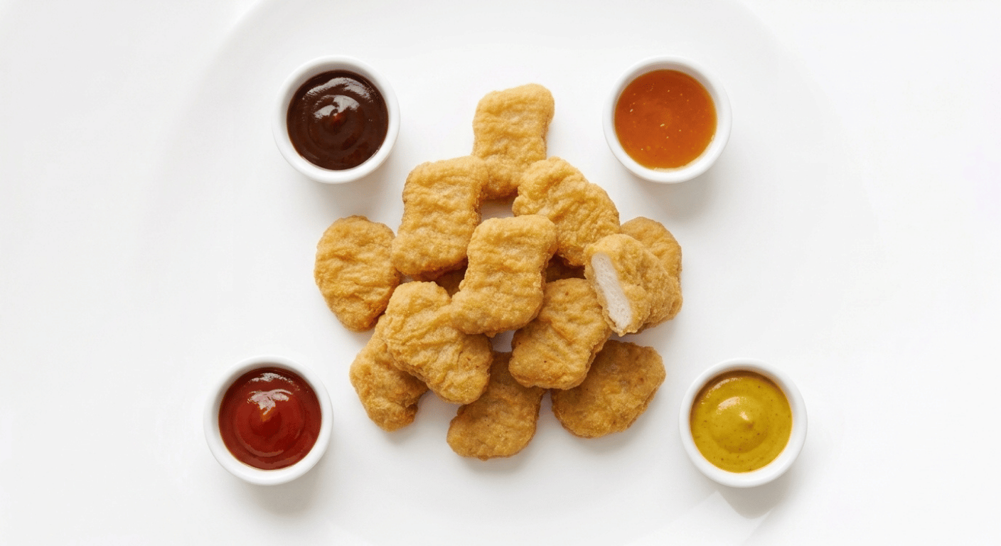 McDonald's 20 Chicken McNuggets Sharebox, a sharing portion of twenty golden breaded chicken nuggets with four dipping pots