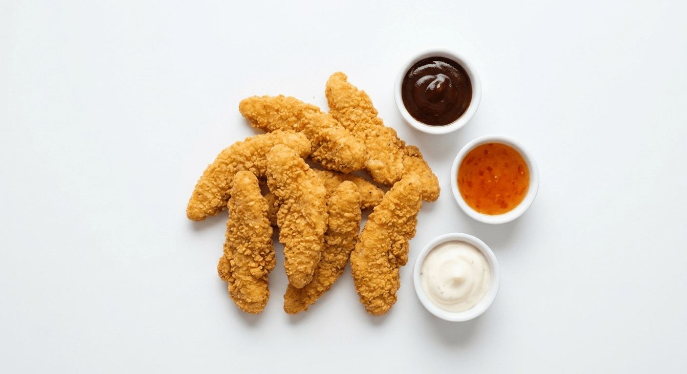 McDonald's 9 Chicken Selects Sharebox, a sharing portion of nine long breaded chicken breast strips with three dipping pots
