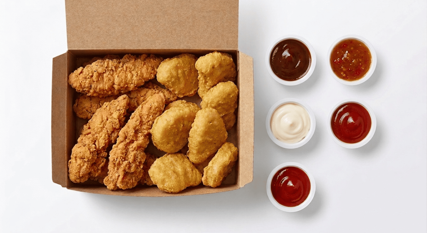 The McDonald's Chicken Sharebox, a large sharing portion of breaded chicken strips and breaded chicken nuggets with dipping pots