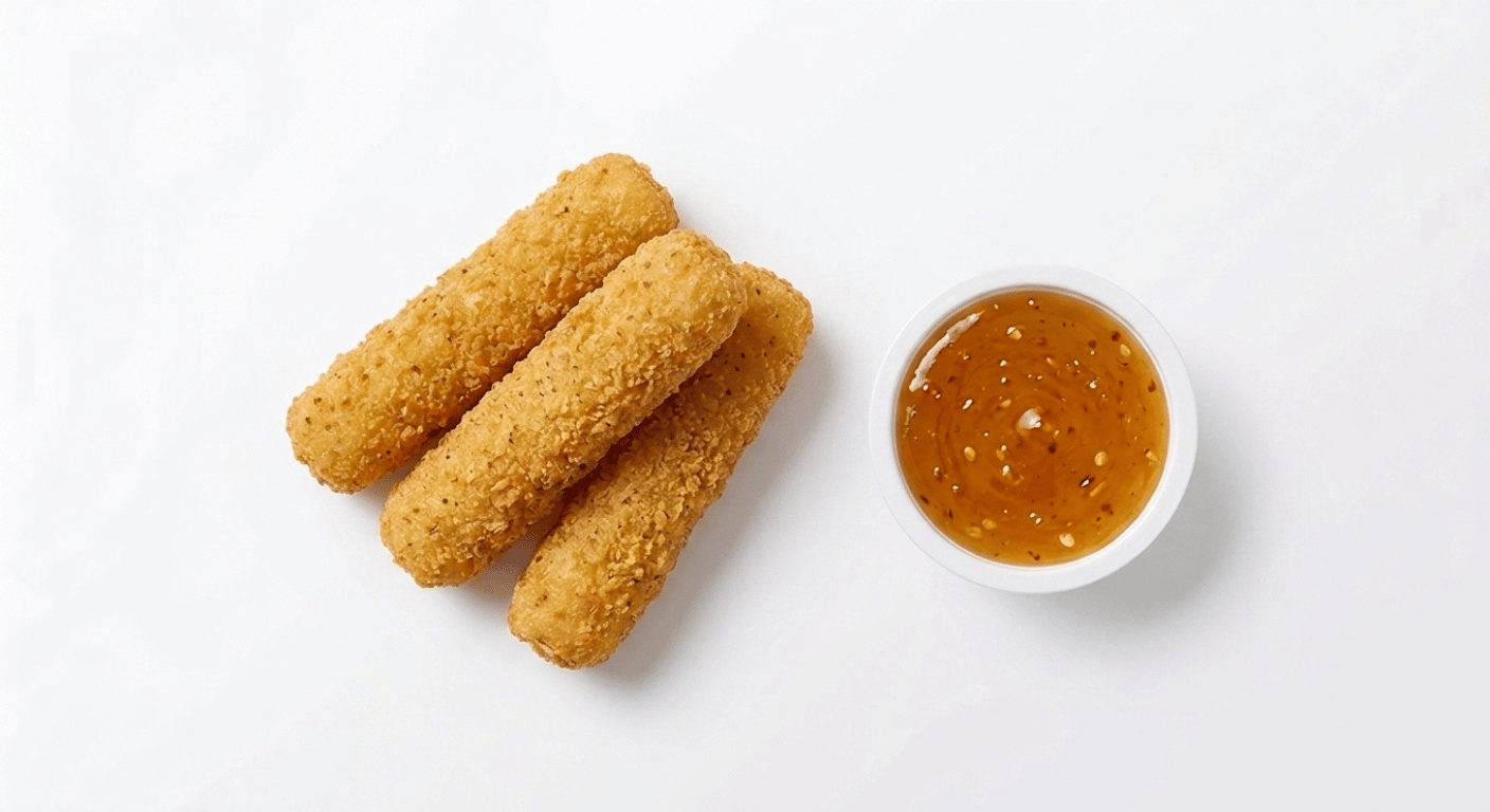 McDonald's Mozzarella Dippers, three golden breadcrumbed mozzarella sticks with a pot of honey chilli dip