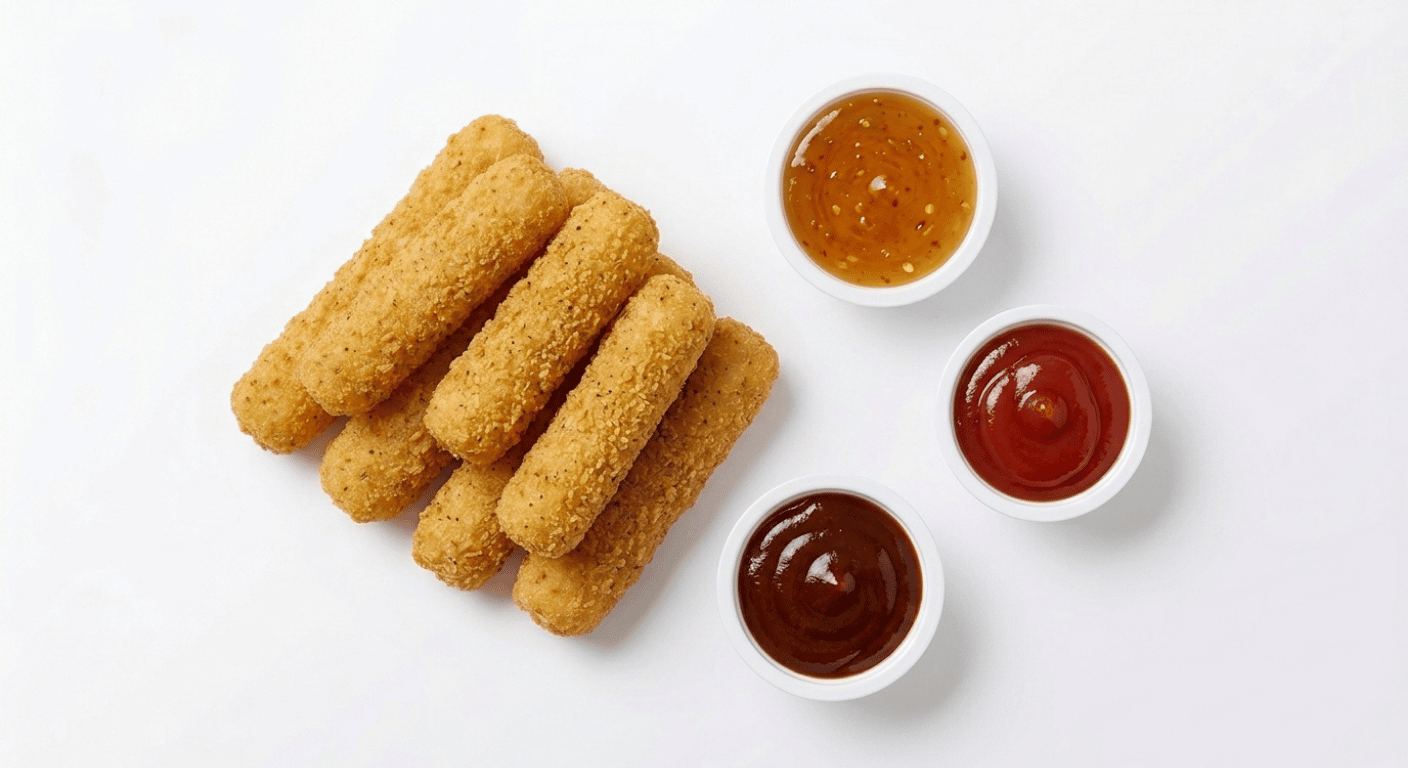 McDonald's Mozzarella Dippers Sharebox, a sharing portion of nine golden breadcrumbed mozzarella sticks with three dipping pots