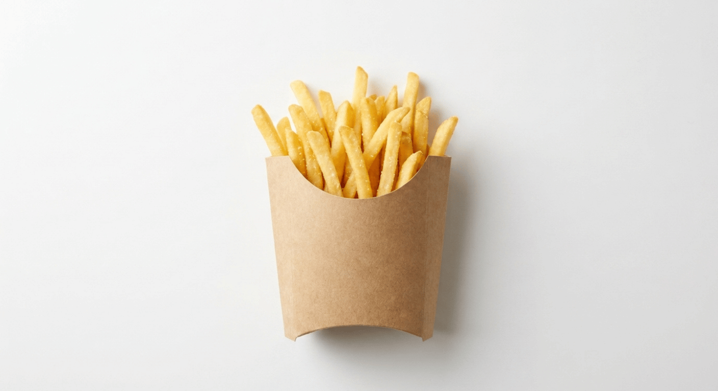McDonald's large fries, a large portion of golden salted french fries in a plain paper sleeve