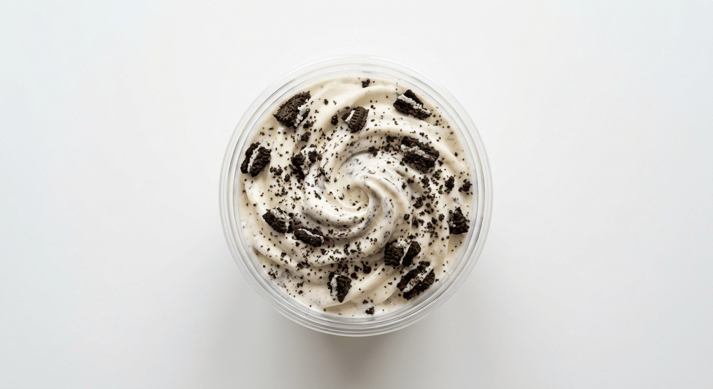 McDonald's Oreo Mini McFlurry, soft vanilla ice cream mixed with crushed chocolate sandwich biscuit pieces in a small cup