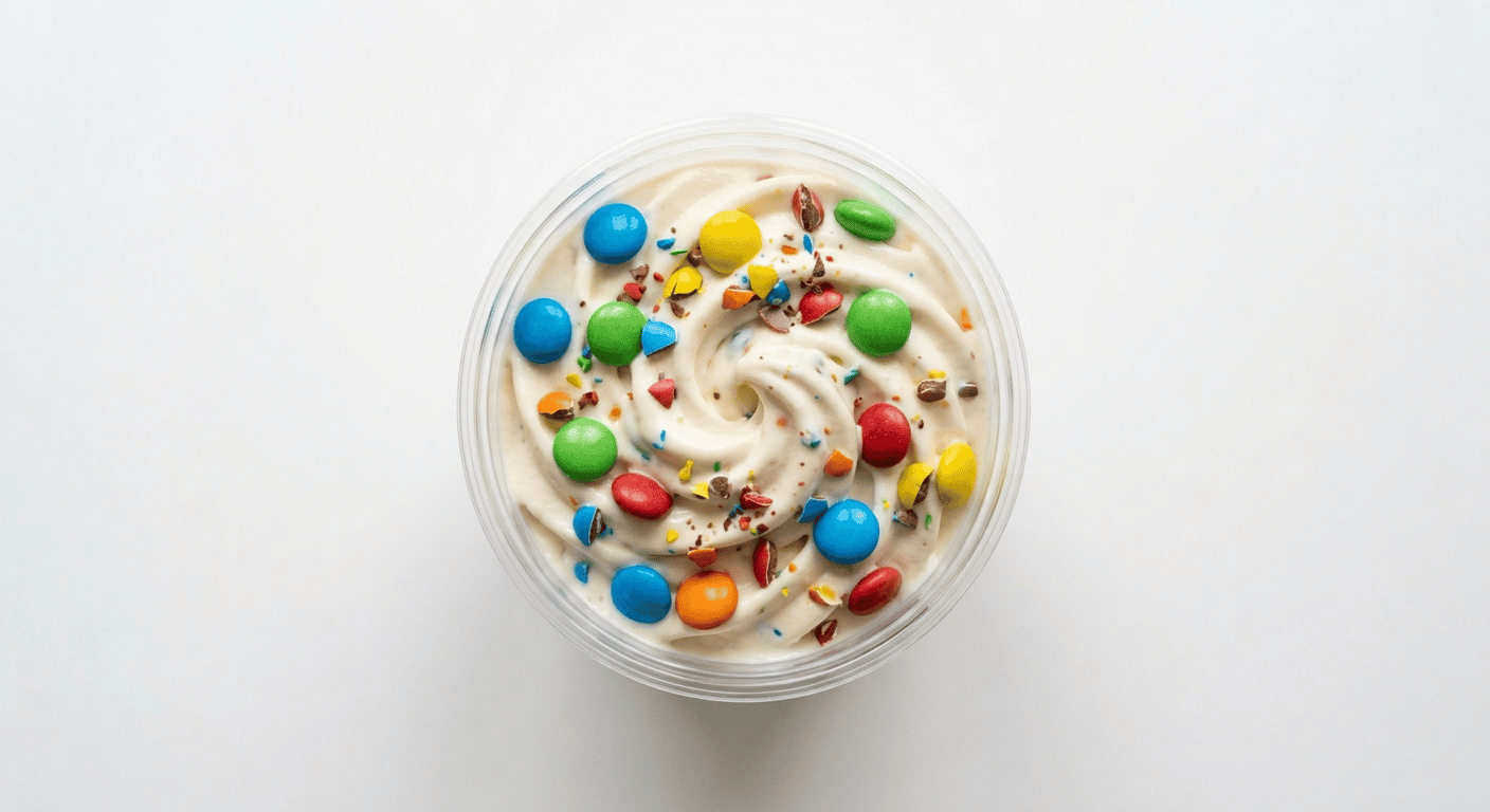 McDonald's Smarties McFlurry, soft vanilla ice cream mixed with crushed brightly coloured sugar-shelled chocolate beans in a plain cup