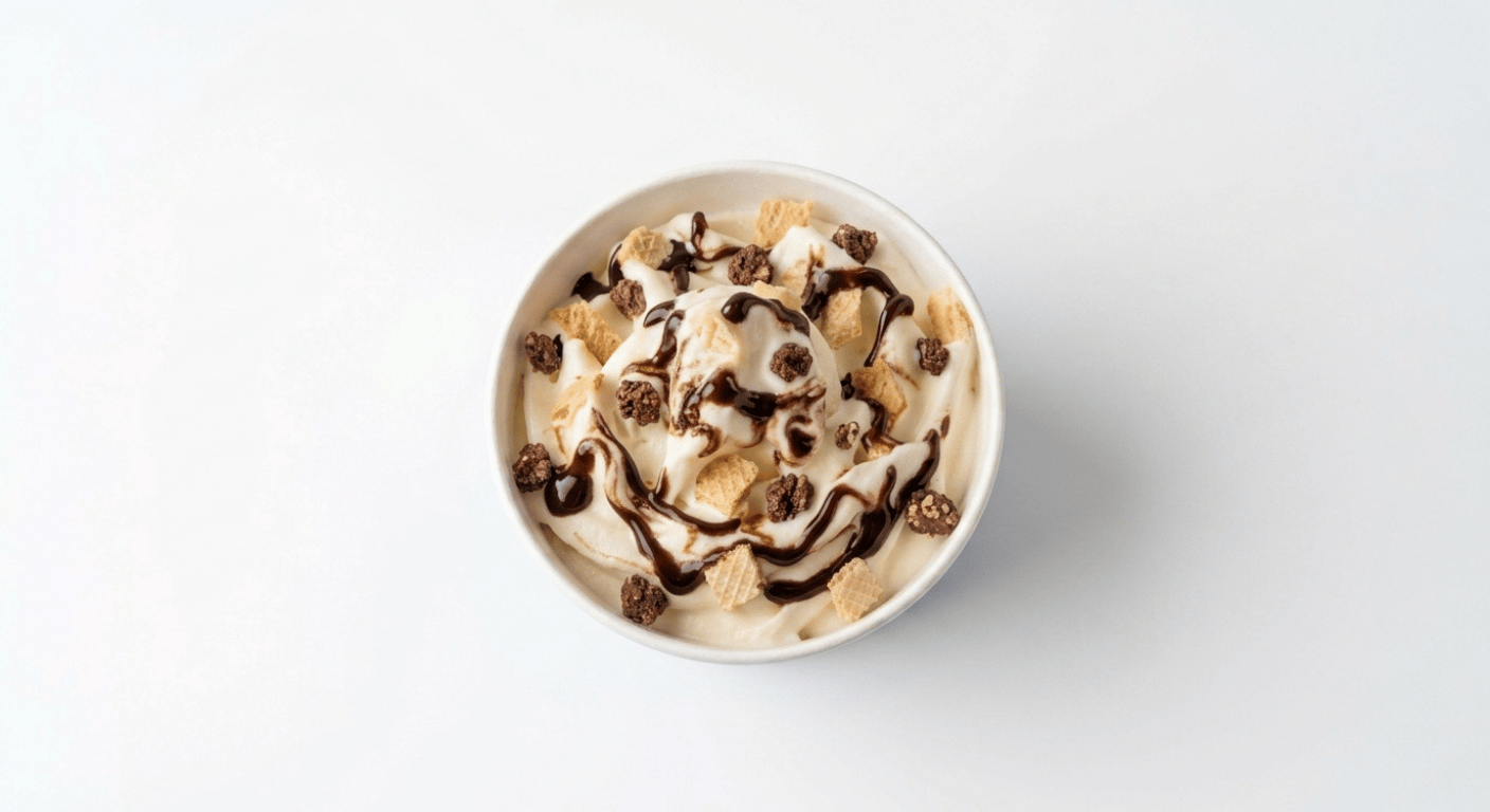McDonald's Cornetto Classico McFlurry, soft vanilla ice cream swirled with chocolate sauce and topped with broken chocolate wafer cone pieces in a plain cup