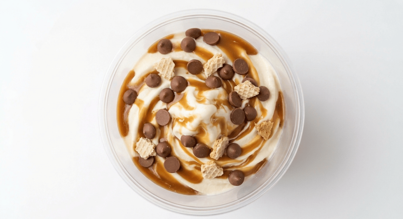 McDonald's Galaxy Caramel McFlurry, soft vanilla ice cream swirled with caramel sauce and milk chocolate drops in a plain cup