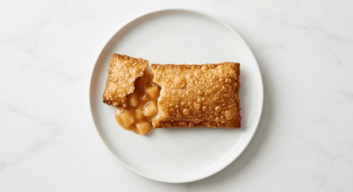 McDonald's Apple Pie, a rectangular deep-fried pie with a blistered golden crust broken open showing spiced apple filling