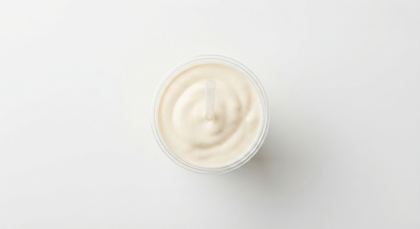 McDonald's Vanilla Milkshake, a thick pale cream shake in a clear cup with a straw
