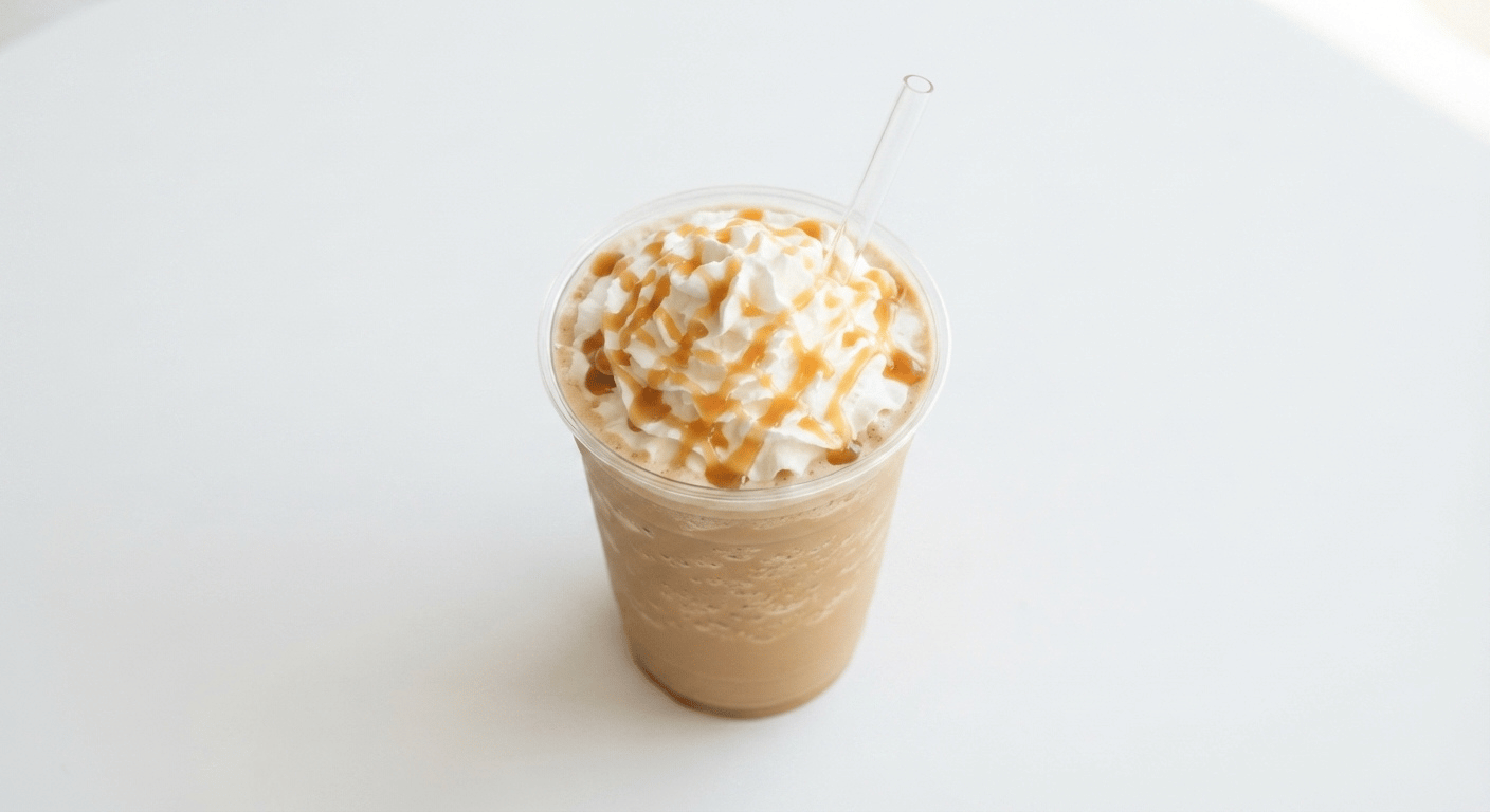 McDonald's Caramel Iced Frappé, a blended iced coffee topped with whipped cream and a caramel sauce drizzle in a clear cup