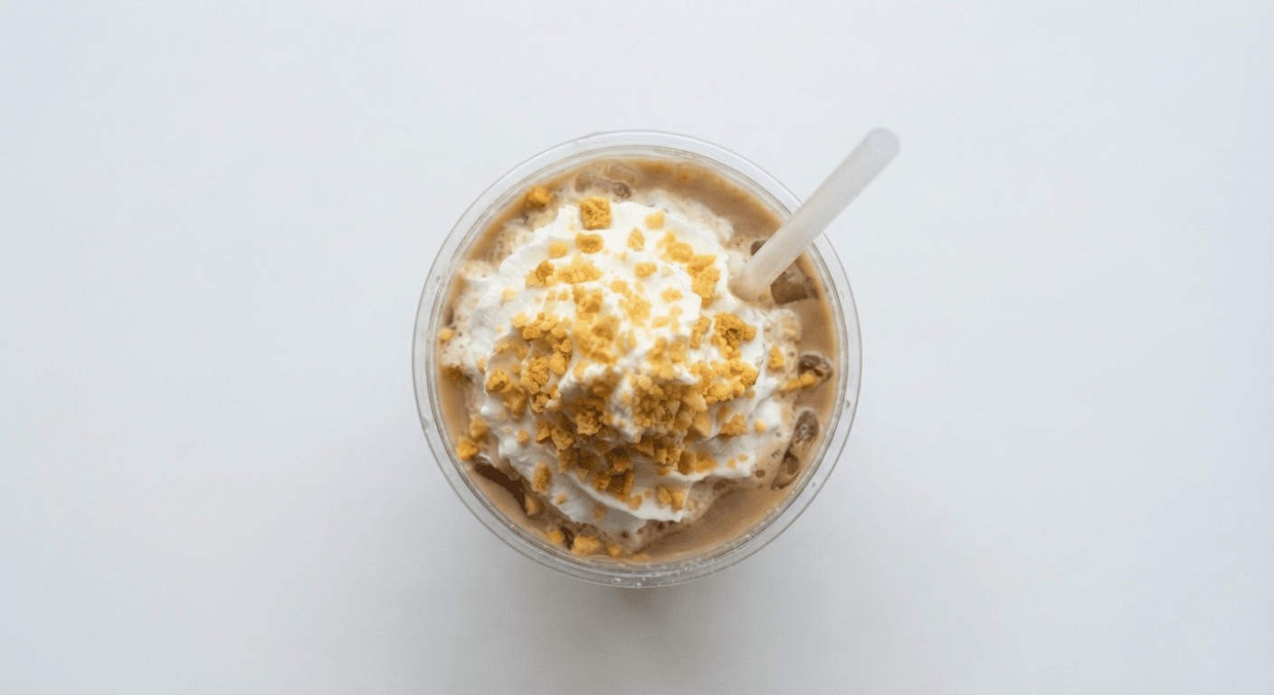 McDonald's Chocolate Honeycomb Frappé, a blended chocolate iced drink topped with whipped cream and golden honeycomb pieces in a clear cup
