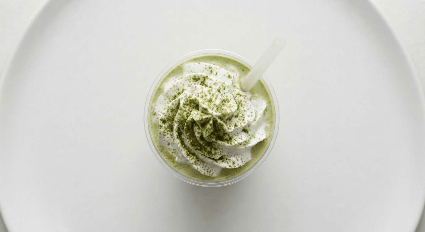 McDonald's Vanilla Matcha Frappé, a blended pale green iced matcha drink topped with whipped cream in a clear cup