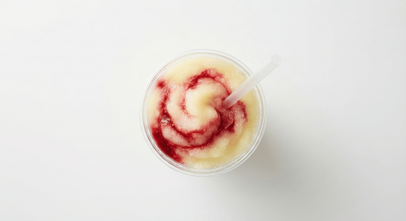 McDonald's Frozen Cherry Lemonade, a frozen slush drink in a clear cup, pale yellow lemonade with a deep red cherry swirl
