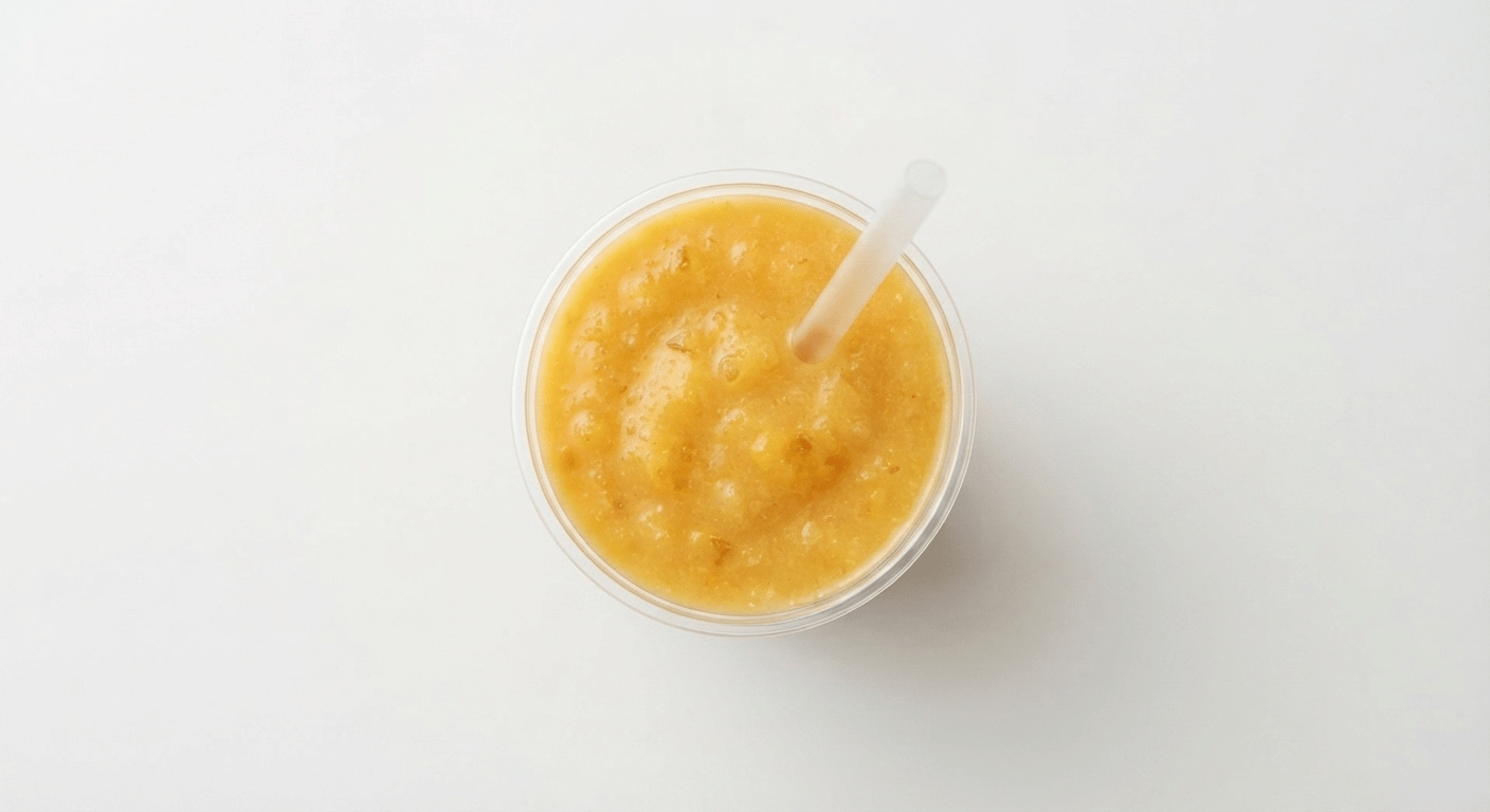 McDonald's Mango and Pineapple Smoothie, a thick golden orange fruit smoothie in a clear cup with a straw