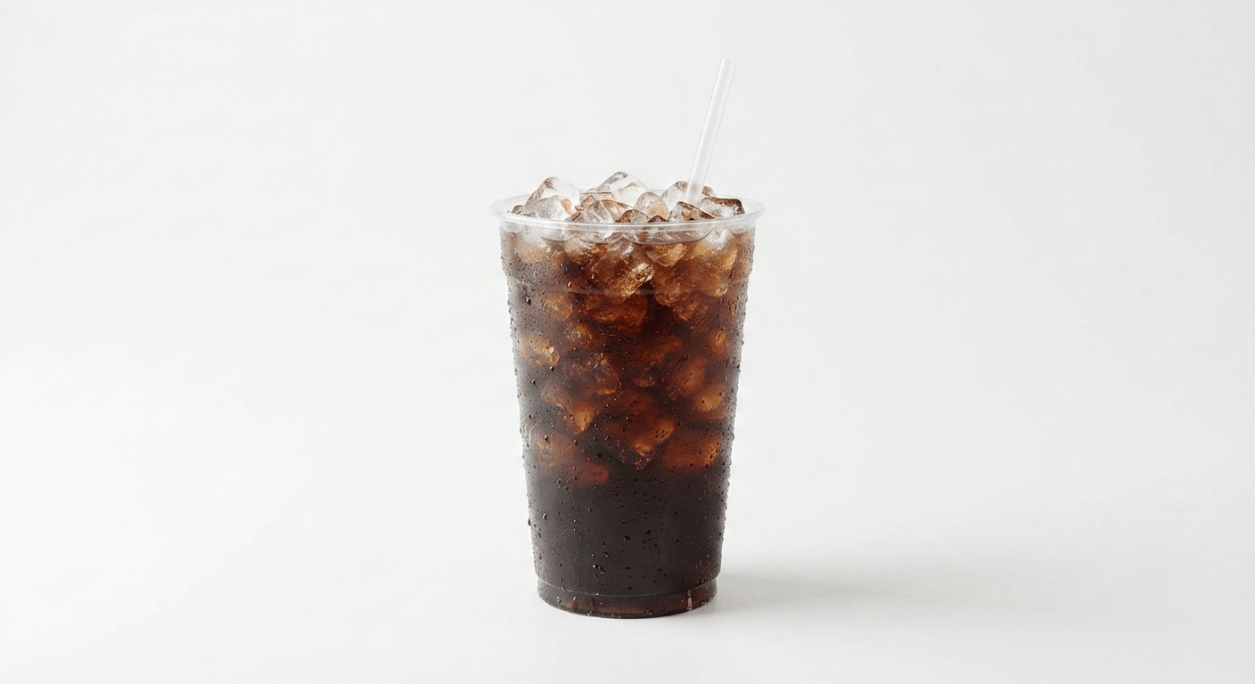 McDonald's Coca-Cola Classic, a dark cola drink over ice in a clear cup with a straw