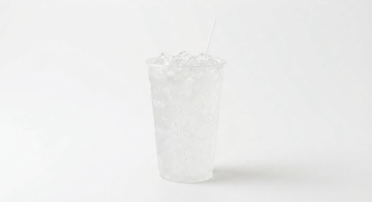 McDonald's Sprite Zero, a clear colourless lemon and lime fizzy drink over ice in a clear cup with a straw