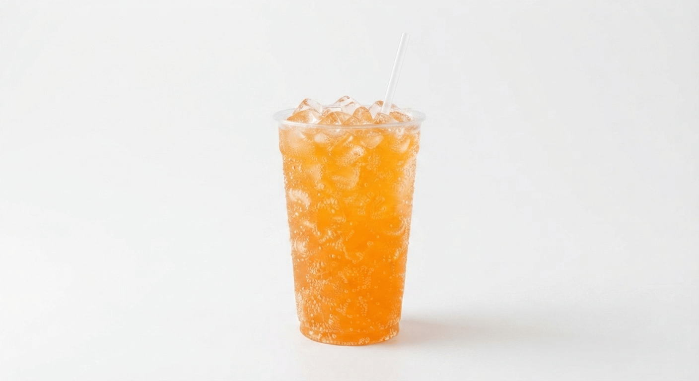 McDonald's Fanta Orange Zero, a bright orange fizzy drink over ice in a clear cup with a straw