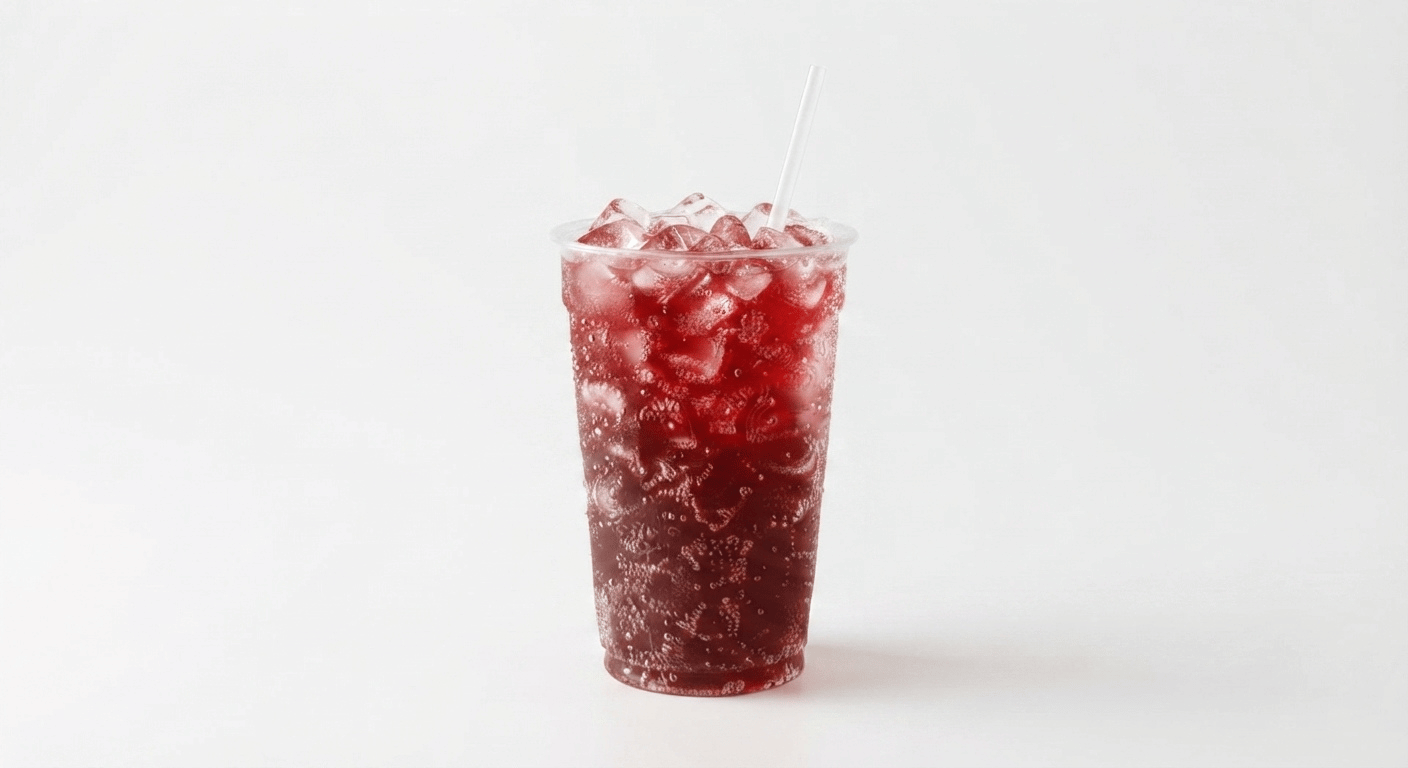 McDonald's Oasis Summer Fruits Zero, a deep red summer fruits soft drink over ice in a clear cup with a straw