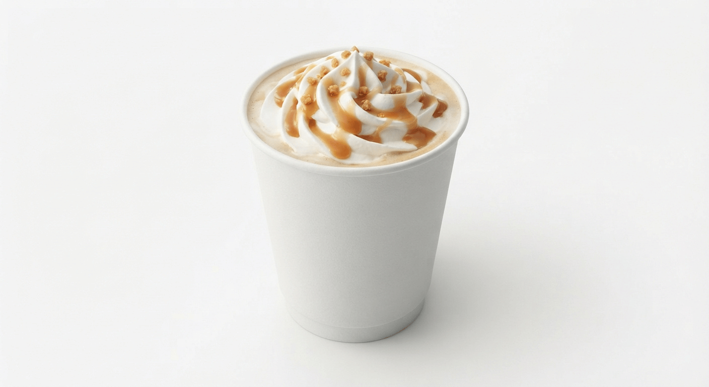 McDonald's Toffee Latte topped with whipped cream and a toffee sauce drizzle