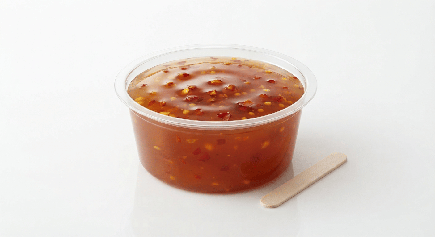 McDonald's Hot Honey Dip, a small pot of glossy amber honey chilli sauce with chilli flecks