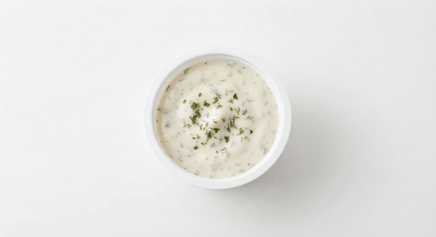 McDonald's Ranch Dip, a small pot of thick pale buttermilk ranch dressing with herb flecks