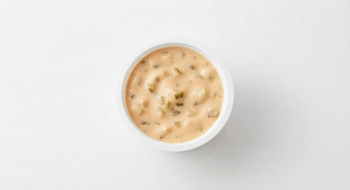 McDonald's Big Mac Sauce, a small pot of pale orange creamy burger sauce with gherkin pieces
