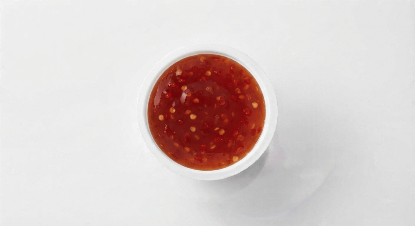 McDonald's Sweet Chilli Dip, a small pot of glossy red sweet chilli sauce with chilli seeds
