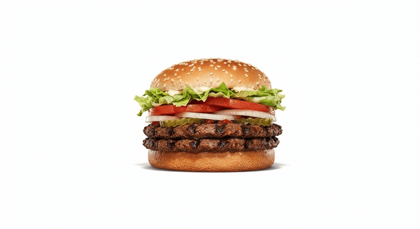 Burger King Double WHOPPER, flame-grilled beef burger with two patties in a sesame seed bun with salad