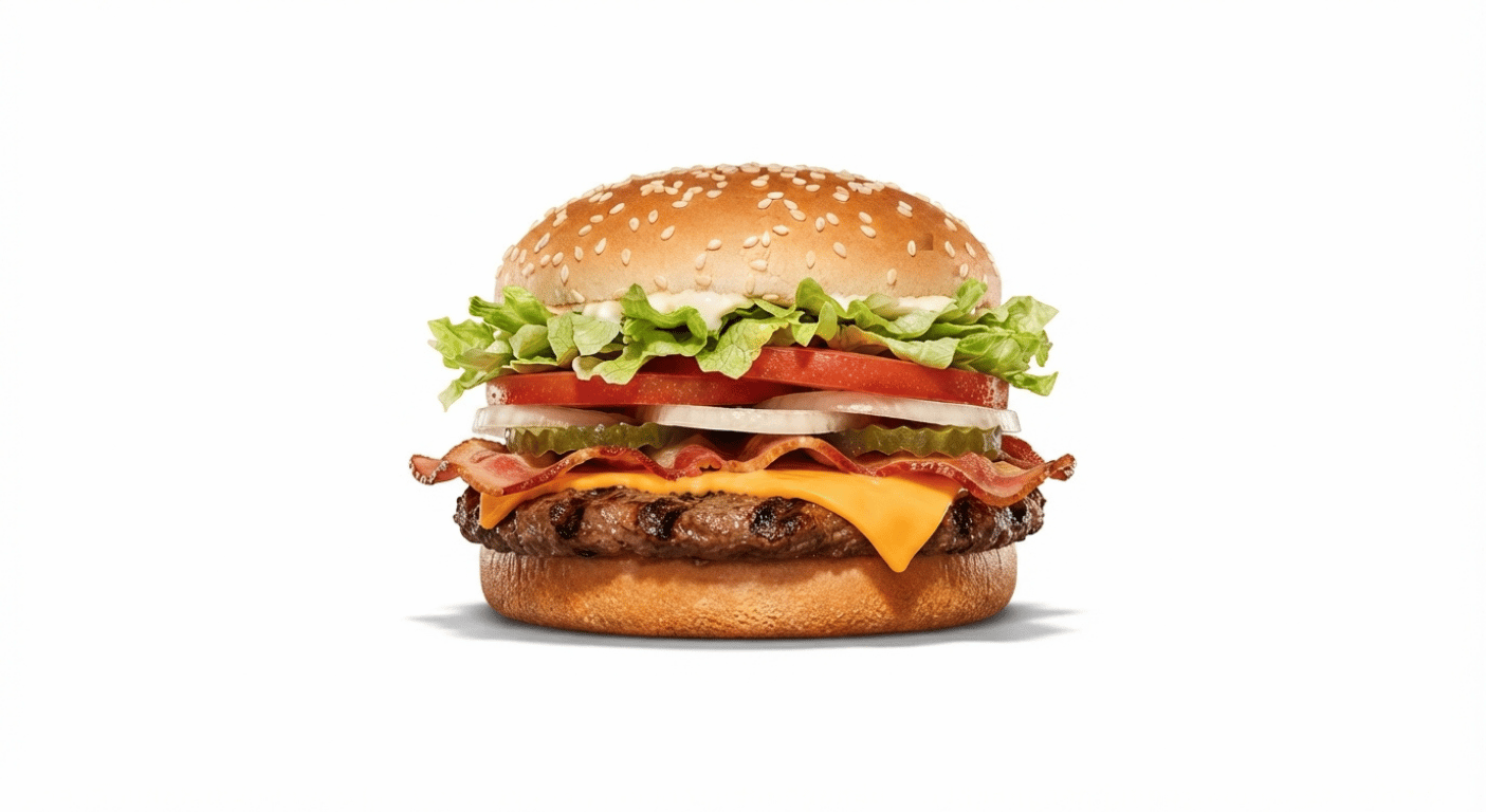 Burger King Double WHOPPER with Bacon and Cheese, two-patty flame-grilled beef burger with bacon, cheese and salad