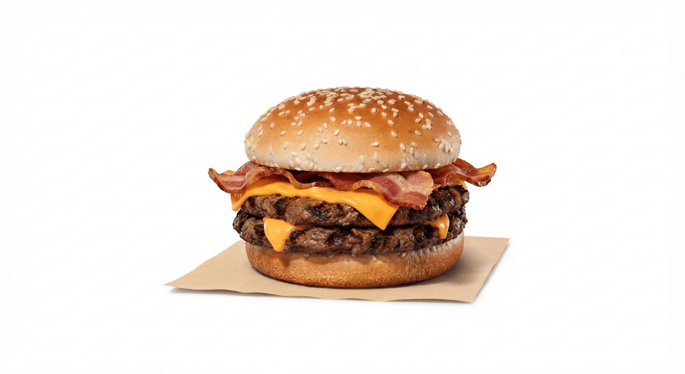 Burger King Bacon Double Cheese XL, large two-patty beef burger with bacon and melted cheese in a sesame seed bun